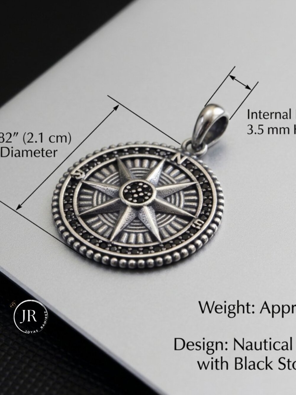 Compass Rose Pendant • .925 Sterling Silver • Oxidized Antique Nautical Charm - Picture 8 of 9